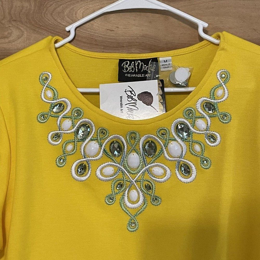 NWT Bob Mackie yellow Golden Top 3/4 T Shirt Medium Sequin Embroidery